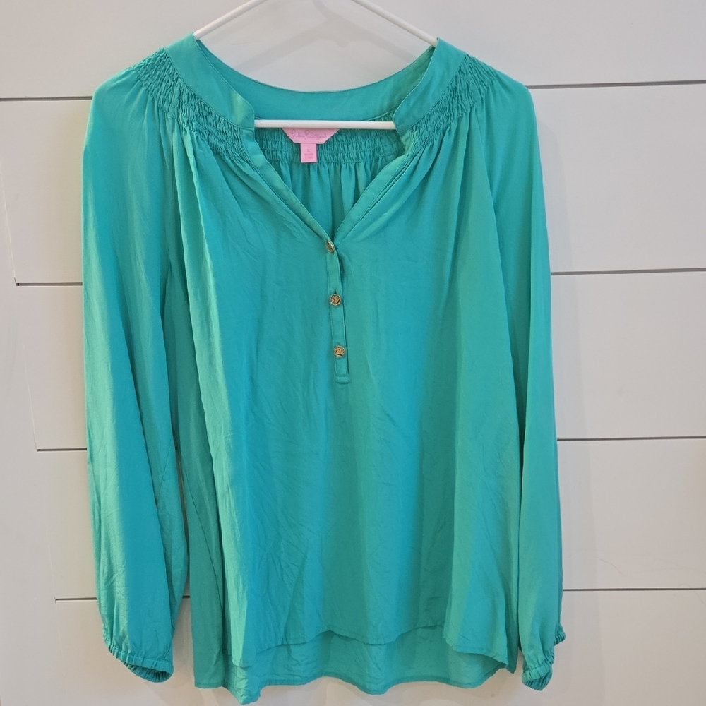 Lilly Pulitzer Aqua Blouse with Gold Buttons